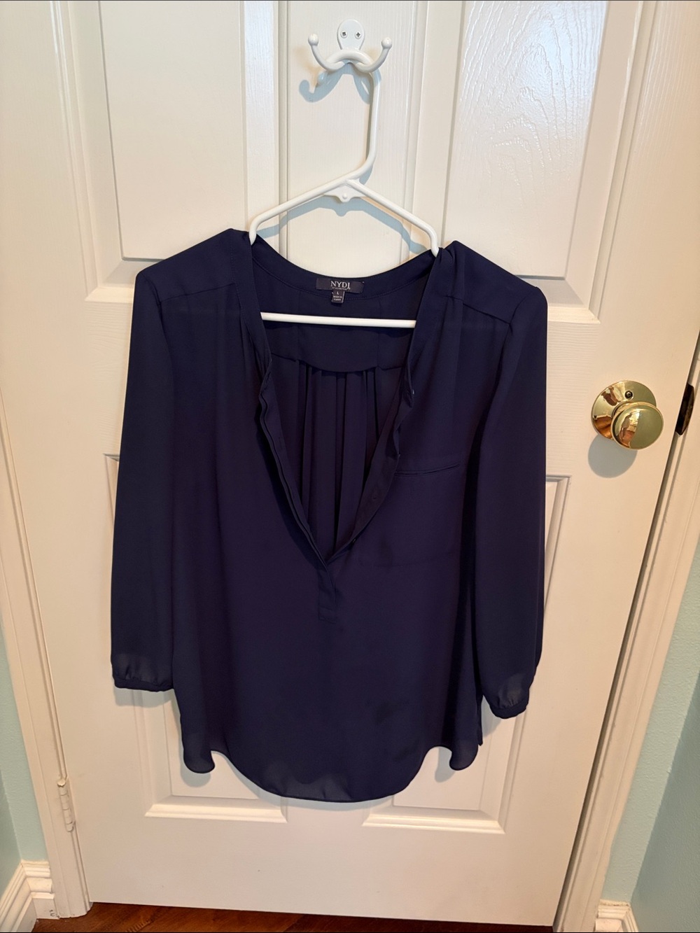 NYDJ Navy Plunge V-Neck Long Sleeve Blouse